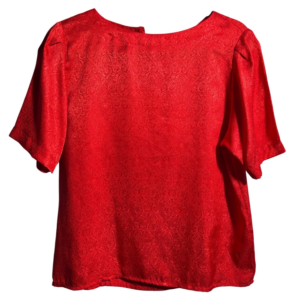 Vintage TJW Mervyns Red Jacquard Satin Short Sleeve Blouse‎ Holiday VTG Womens 8